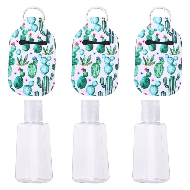 3 Set 30ml Travel Size Bottle and Keychain Holder with Cactus Prints Hand Sanitizer Bottles with Keychain Carriers for Soap Loti